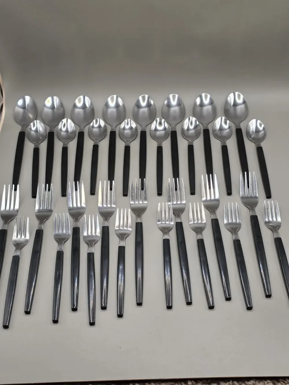 Vintage Black Handle Stainless Flatware Lot 34 Pc Tapered Composite Spoons Forks